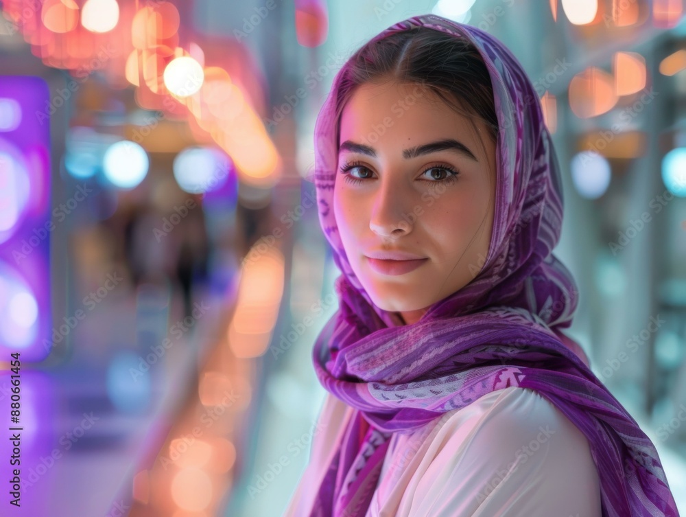 Young Middle Eastern Woman in Purple Hijab - City Lights Background - Diversity & Inclusion Stock Photo Young Middle Eastern Woman in Purple Hijab - City Lights Background - Diversity & Inclusion Stock Photo