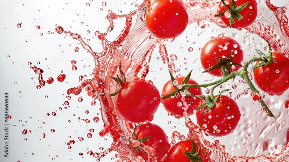 Tomato Juice Splash Swirl with Floating Cherry Tomatoes on Ivory Background Tomato Juice Splash Swirl with Floating Cherry Tomatoes on Ivory Background