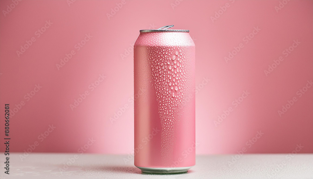 Pink aluminum can with water drops on pink background. Carbonated soda. Tasty beverage. Mock up Pink aluminum can with water drops on pink background. Carbonated soda. Tasty beverage. Mock up