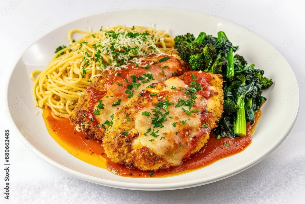 Plated Double-Dipped Chicken Parmesan with Linguine and Sauteed Broccoli Rabe Plated Double-Dipped Chicken Parmesan with Linguine and Sauteed Broccoli Rabe