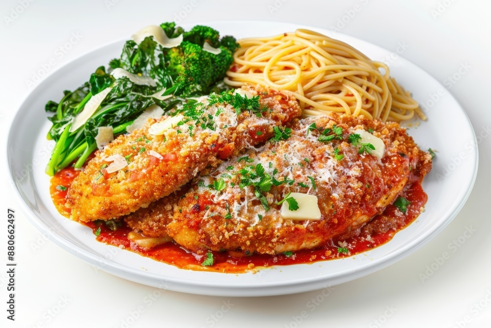 Double-Dipped Chicken Parmesan with Linguine and Buttered Broccoli Rabe on White Dish Double-Dipped Chicken Parmesan with Linguine and Buttered Broccoli Rabe on White Dish