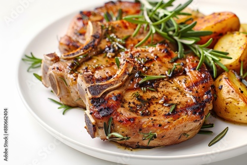 Artisan Double-Cut Pork Chops with Garlic Butter and Rosemary Garnish