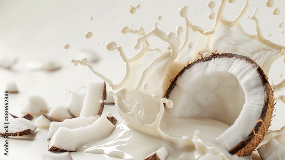 Coconut Milk Splash Swirl with Floating Shavings on Off-White Background Coconut Milk Splash Swirl with Floating Shavings on Off-White Background