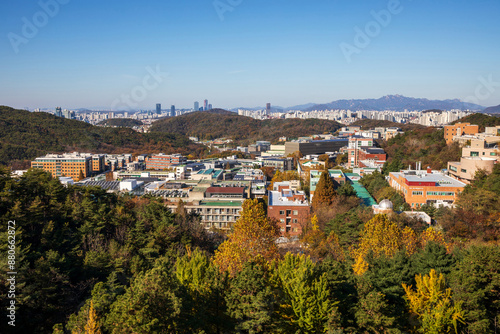 Sillim-dong, Gwanak-gu, Seoul, South Korea - November 10, 2023: Autumnal view of maple trees of Gwanaksan Mountain against buildings of Seoul National University 