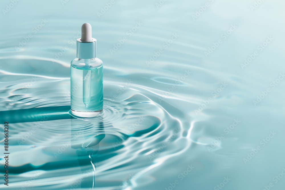A glass bottle of hyaluronic acid serum sits on rippling turquoise water. The bottle has a dropper top and is partially submerged in the water, creating a serene and calming scene A glass bottle of hyaluronic acid serum sits on rippling turquoise water. The bottle has a dropper top and is partially submerged in the water, creating a serene and calming scene