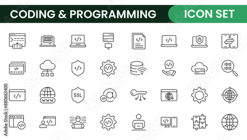 Programming coding set of web icons in line style. Software development icons for web and mobile app. Code, api, programmer, developer, information technology, coder and more.