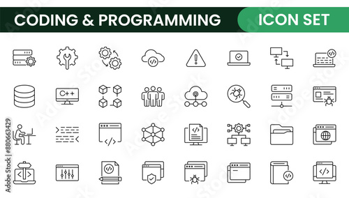 Programming coding set of web icons in line style. Software development icons for web and mobile app. Code, api, programmer, developer, information technology, coder and more.