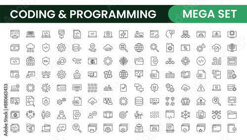 Programming coding set of web icons in line style. Software development icons for web and mobile app. Code, api, programmer, developer, information technology, coder and more.