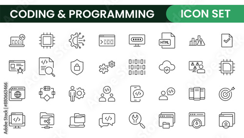 Programming coding set of web icons in line style. Software development icons for web and mobile app. Code, api, programmer, developer, information technology, coder and more.