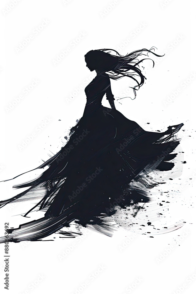 A black and white sketch of a woman in a long flowing dress A black and white sketch of a woman in a long flowing dress