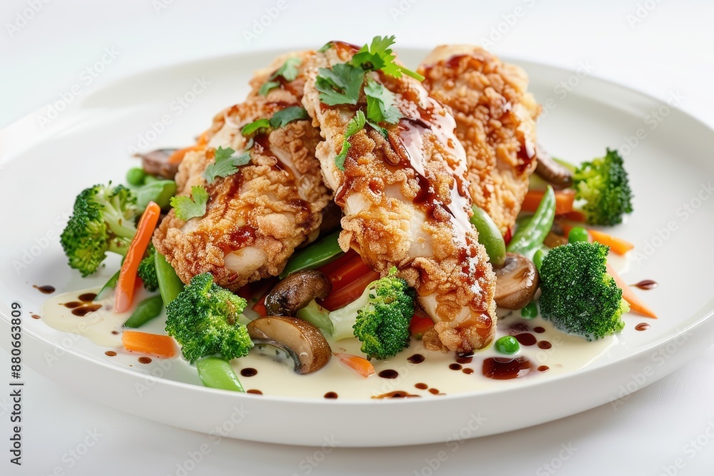 Elegant Dragon Chicken with Vibrant Vegetables and Aromatic Creamy Sauce Elegant Dragon Chicken with Vibrant Vegetables and Aromatic Creamy Sauce