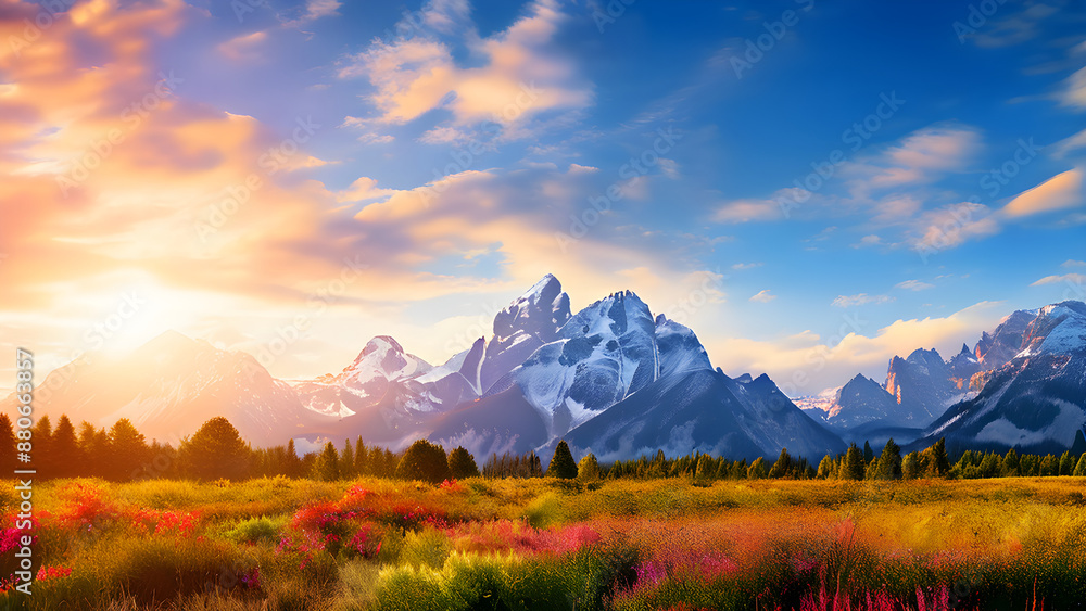 Fototapeta premium Beautiful wild sunrise view cloudy sky and mountains wallpaper