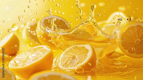 Yuzu Orange Juice Splash Swirl with Floating Slices on Yellow Background