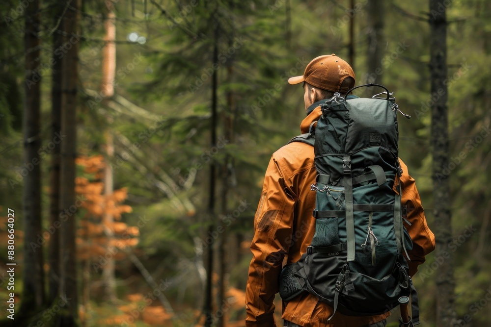 A hunter carrying a backpack filled with essential gear, standing at the entrance of a forest A hunter carrying a backpack filled with essential gear, standing at the entrance of a forest