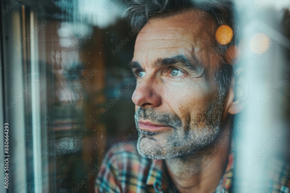 A man looking thoughtful as he gazes out of a window A man looking thoughtful as he gazes out of a window