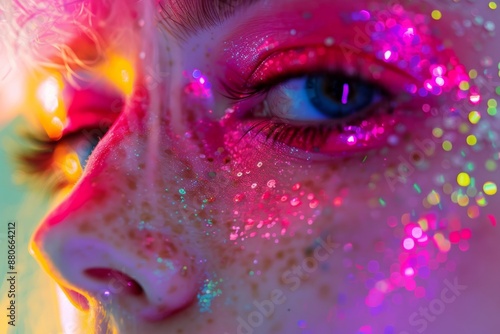 A close-up portrait of a young woman's face with bright neon pink makeup and glitter