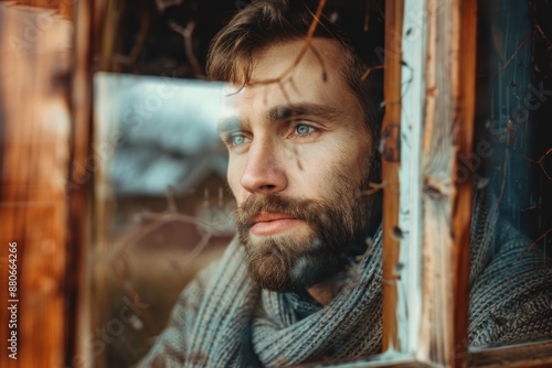 A man looking thoughtful as he gazes out of a window