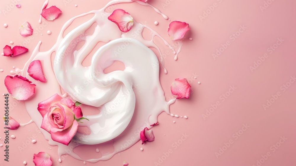Rose Milk Splash Swirl with Floating Petals on Blush Pink Background Rose Milk Splash Swirl with Floating Petals on Blush Pink Background