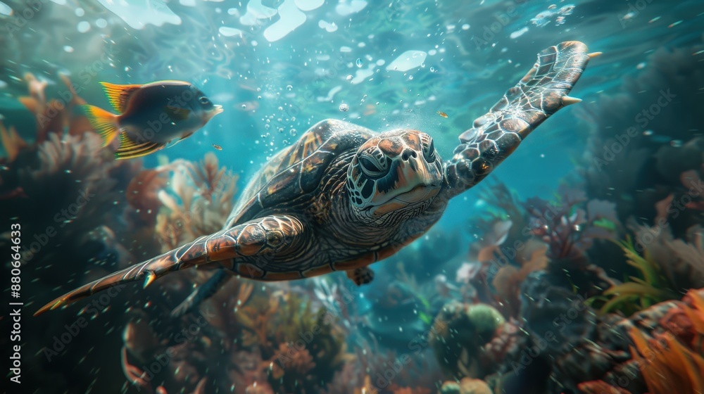 Obraz premium Underwater Sea Creatures Fish and Turtle 