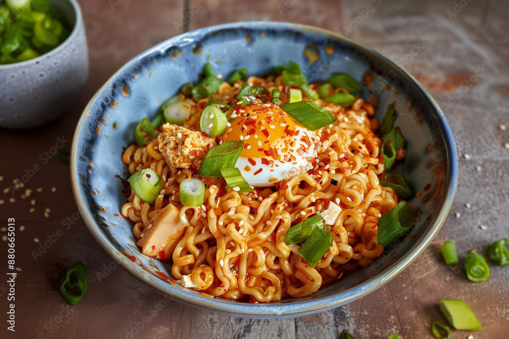Close-up of spicy ramen instant noodles, cheap food Close-up of spicy ramen instant noodles, cheap food