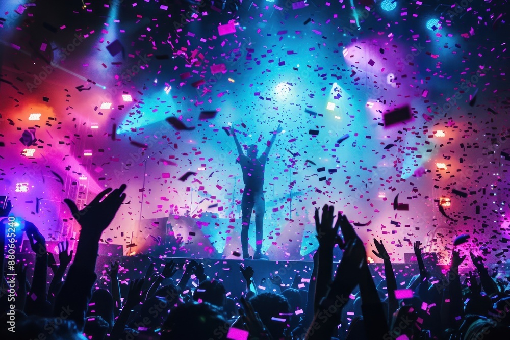 A vibrant concert scene with a silhouette of a performer on stage, surrounded by a cheering crowd. Colorful confetti A vibrant concert scene with a silhouette of a performer on stage, surrounded by a cheering crowd. Colorful confetti