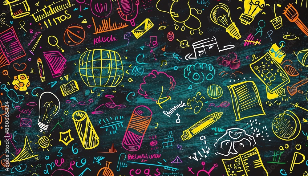 Colorful chalk drawings cover a blackboard in a creative and inspiring way Colorful chalk drawings cover a blackboard in a creative and inspiring way