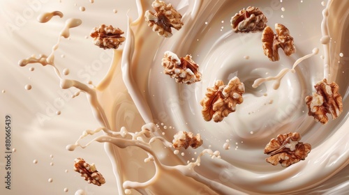 Walnut Milk Splash Swirl with Floating Pieces on Taupe Background photo