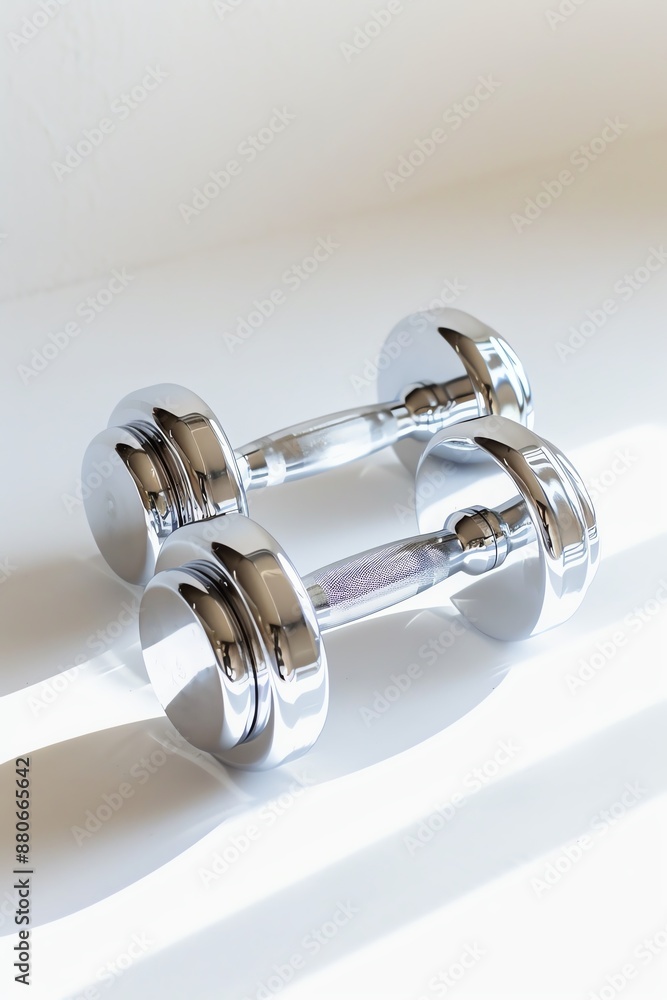 A pair of shiny metal dumbbells resting on a white surface. The dumbbells are reflecting the light from a window. The image is clean and well-lit. A pair of shiny metal dumbbells resting on a white surface. The dumbbells are reflecting the light from a window. The image is clean and well-lit.