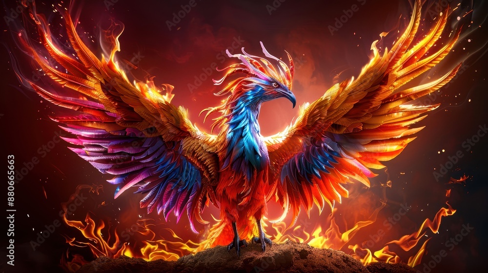A vibrant, fiery phoenix rises from the ashes, showcasing its colorful plumage and mythical presence in a glowing, mystical background. A vibrant, fiery phoenix rises from the ashes, showcasing its colorful plumage and mythical presence in a glowing, mystical background.