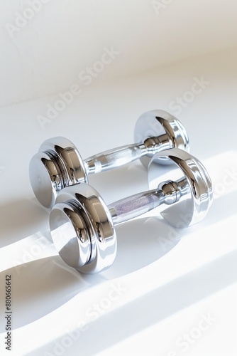 A pair of shiny metal dumbbells resting on a white surface. The dumbbells are reflecting the light from a window. The image is clean and well-lit.