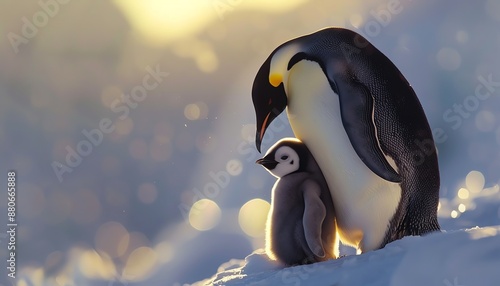 A beautiful penguin and its chick standing on the ice in Antarctica. The sun is setting and the sky is a bright orange. The penguin and its chick are looking at each other.