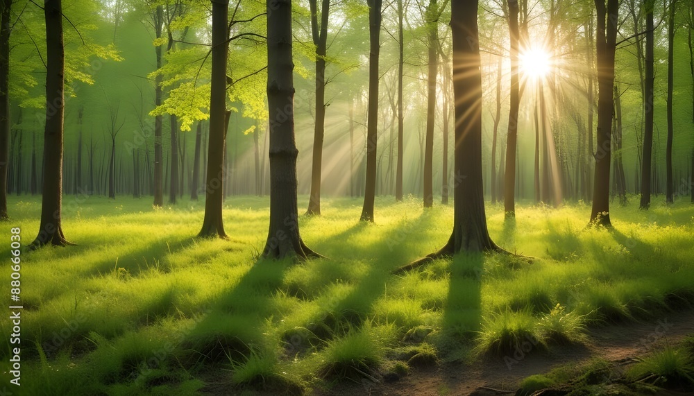 Fototapeta premium Beautiful spring forest with sun rays background