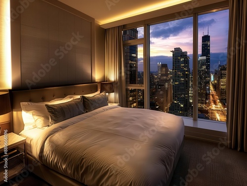 luxurious hotel suite with a plush kingsize bed crisp white linens and soft ambient lighting floortoceiling windows reveal a stunning cityscape at twilight photo