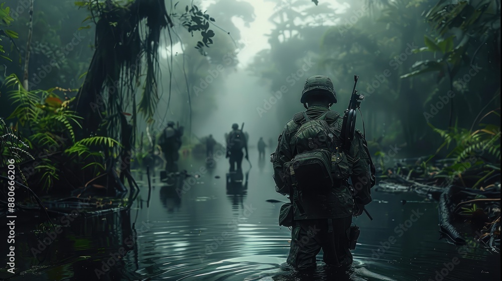 A soldiers standing at the edge of a dark, foreboding swamp, overgrown jungle, murky water. Generative AI. A soldiers standing at the edge of a dark, foreboding swamp, overgrown jungle, murky water. Generative AI.
