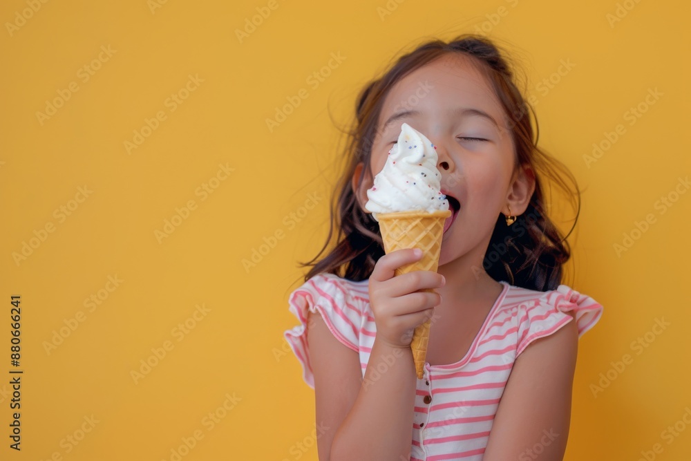 A young girl, wearing a pink and white striped shirt, enjoys a soft serve ice cream cone against a bright yellow background. She is smiling and closing her eyes as she licks the cone A young girl, wearing a pink and white striped shirt, enjoys a soft serve ice cream cone against a bright yellow background. She is smiling and closing her eyes as she licks the cone
