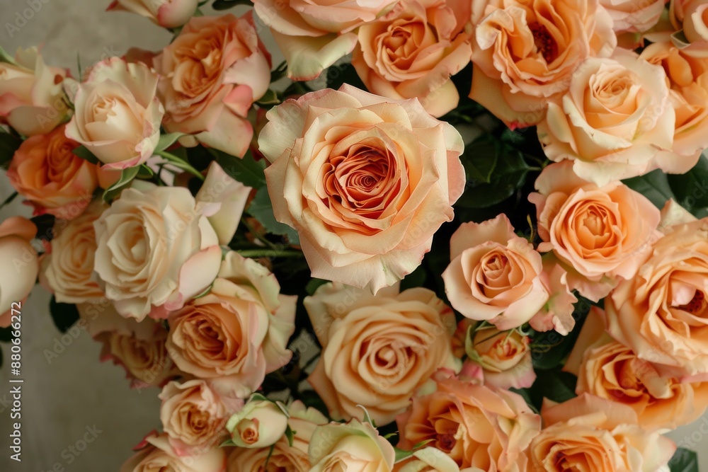 A cluster of peach fuzz roses in shades of peach and cream create a romantic scene, viewed from above A cluster of peach fuzz roses in shades of peach and cream create a romantic scene, viewed from above