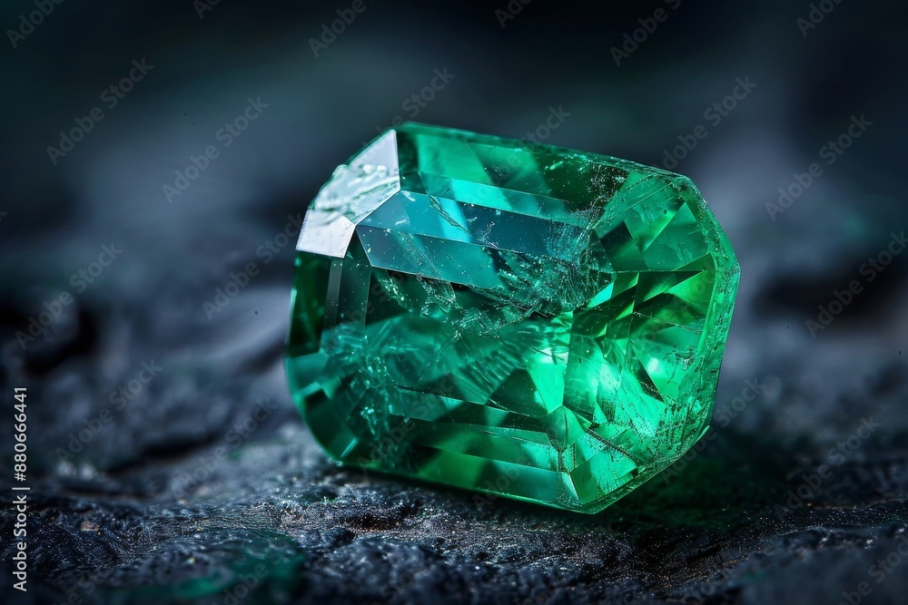 A macro photograph of a polished emerald gemstone, displaying its deep green color and intricate facets A macro photograph of a polished emerald gemstone, displaying its deep green color and intricate facets