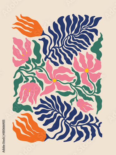 Floral Abstract contemporary poster. Groovy Modern style art