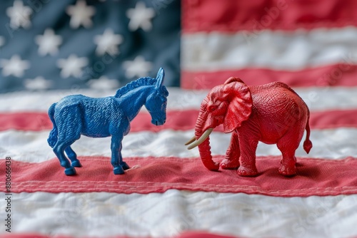 A blue donkey and a red elephant figurine face each other on an American flag, symbolizing the two major political parties in the United States photo