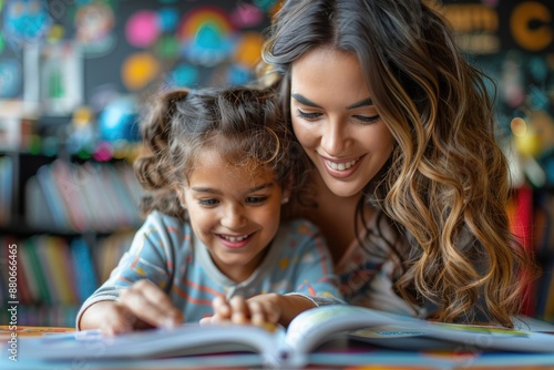 A happy woman and child read a book together, both deeply engaged in the learning experience within a bright room decorated with educational materials.