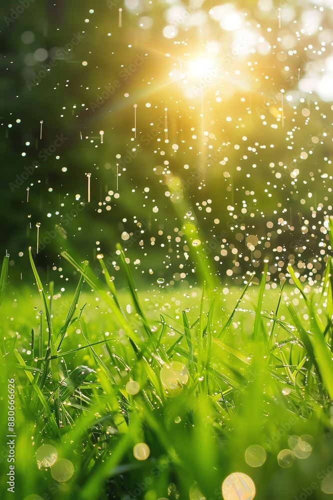 Raindrops falling on green grass with the sun shining brightly in the background. Raindrops falling on green grass with the sun shining brightly in the background.