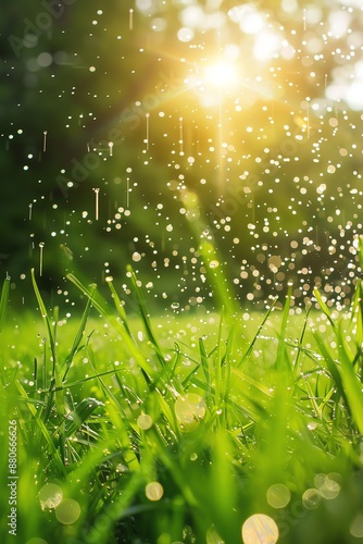 Raindrops falling on green grass with the sun shining brightly in the background.