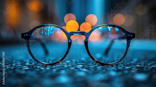 A close-up view of modern stylish eyeglasses with round frames placed on a pebble surface, against a backdrop of urban lights creating a beautiful bokeh effect © aicandy
