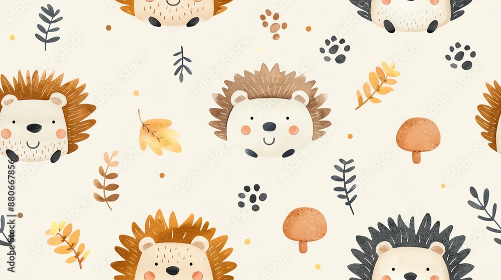 Obraz premium Cute seamless pattern with cartoon hedgehogs, leaves, and mushrooms. Perfect for children's wallpaper and fabric designs.