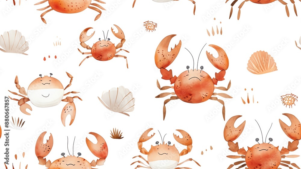 Obraz premium Seamless pattern with cute cartoon crabs and seashells. Ocean-themed illustration perfect for children's designs and backgrounds.