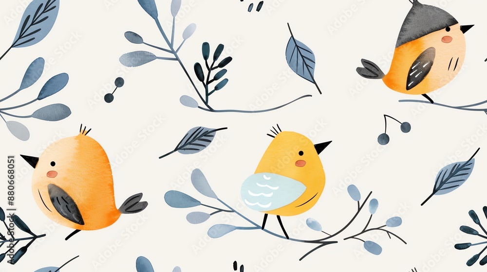 Fototapeta premium Seamless pattern featuring cute cartoon birds and blue leaves on a light background, perfect for textiles or wallpaper.