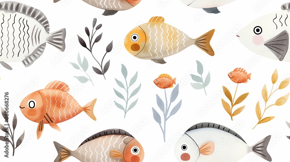Fototapeta premium Whimsical hand-drawn fish pattern with pastel colors and delicate leaves on a white background, perfect for printing and digital design.