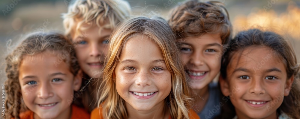 Fototapeta premium A group of five happy children outdoors, smiling warmly with close-up faces that exhibit joyful expressions, suggesting friendship and carefree moments in a natural setting