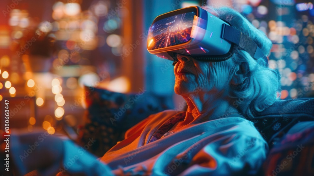 Create a lively and attractive artwork of an elderly woman exploring cyberspace through VR glasses. Create a lively and attractive artwork of an elderly woman exploring cyberspace through VR glasses.