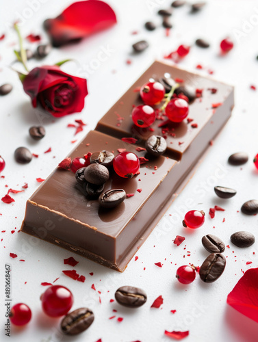 A piece of brown chocolate, decorated with coffee beans and red berries, Valentine's chocolate, sweet, bark chocolate 